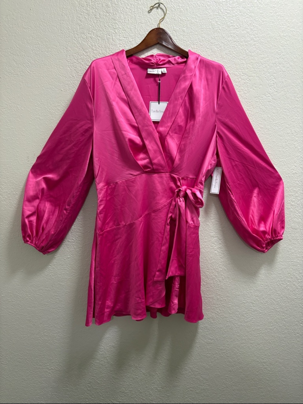 Bright Pink Wrap Mini Dress with Balloon Sleeves